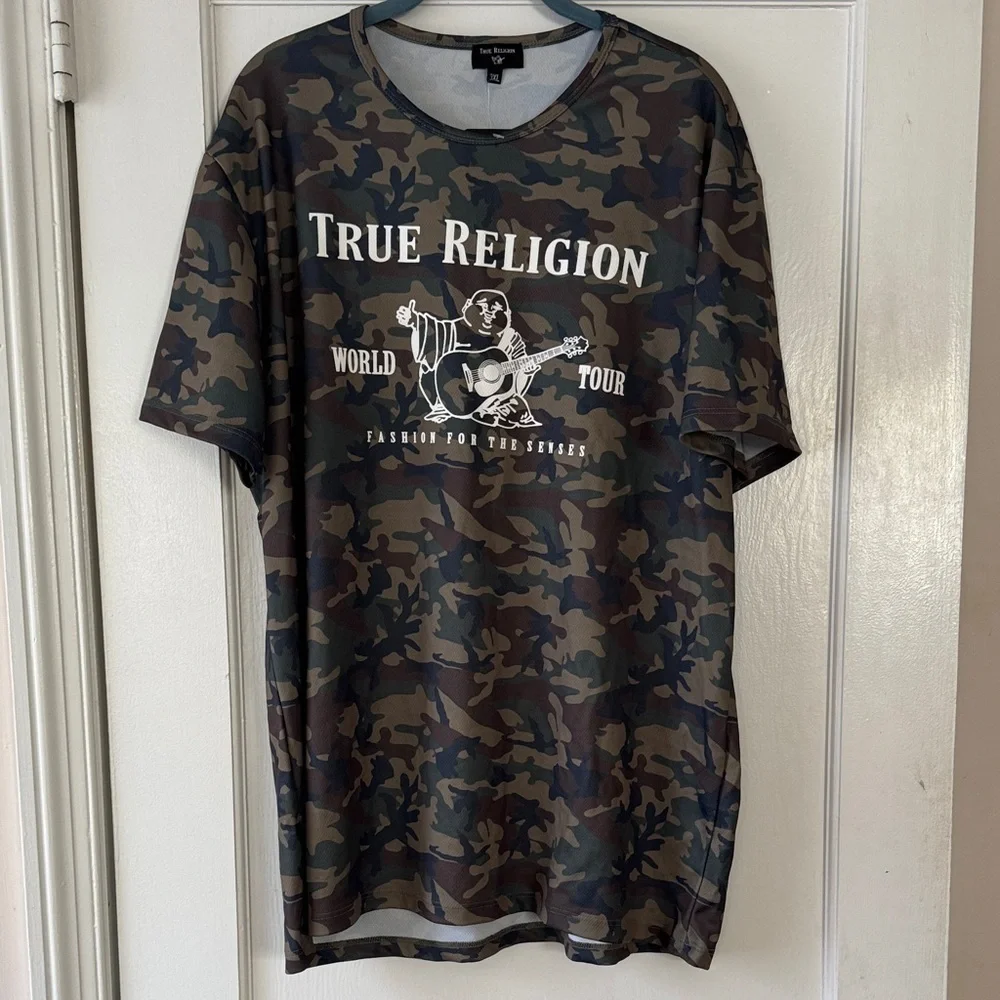 True Religion Men's Green Camouflage Graphic Tee Size XXXL street wear, y2k